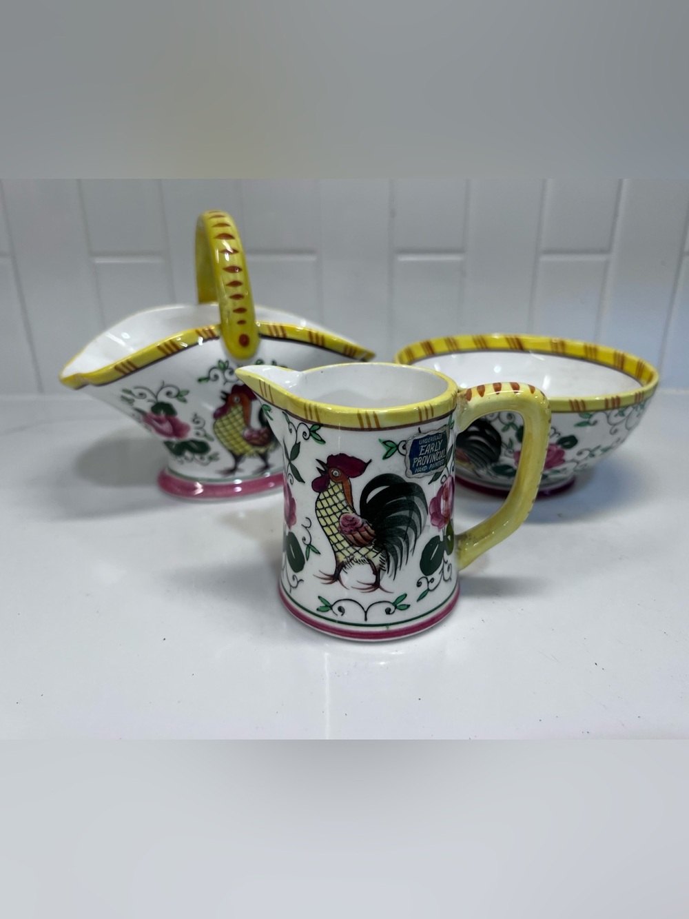 Vintage Rooster And Roses - Pitcher Basket & Bowl - Ucagco Early Provincial